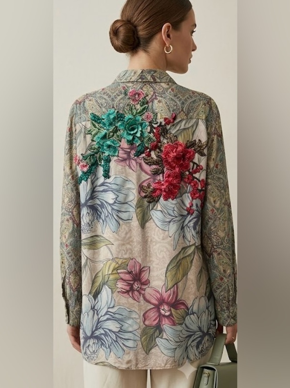Aratta Silent Journey Paisley Floral Embroidered Button Down Tunic Top Medium